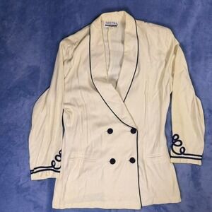 Vintage white & navy double breasted blazer with embroidered detail women size L